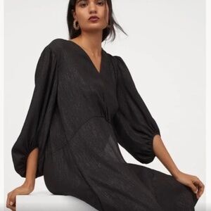 NWOT H&M Black Shimmer Balloon Sleeve Faux Wrap Dress M